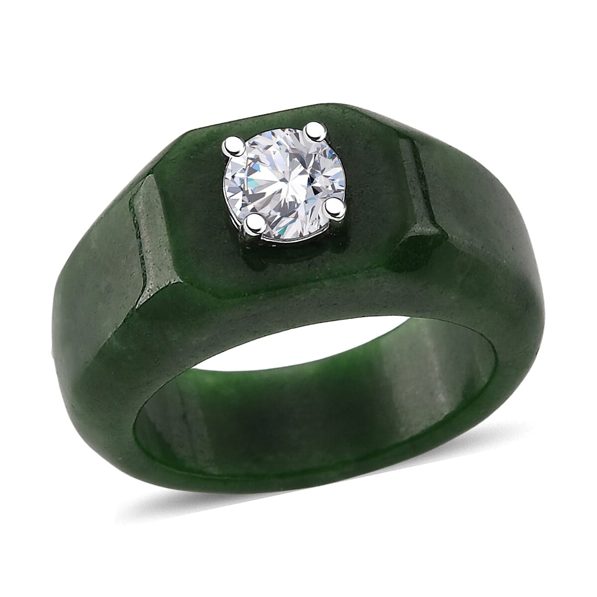 D'Joy - Moissanite &amp; Green Jade Solitaire Band Ring in Rhodium Overlay Sterling Silver 28.76 Ct. V32513317 0