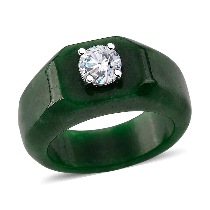 D'Joy - Moissanite &amp; Green Jade Solitaire Band Ring in Rhodium Overlay Sterling Silver 28.76 Ct. 8560297 1