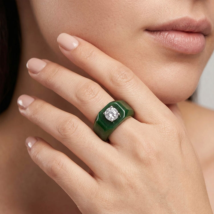 D'Joy - Moissanite &amp; Green Jade Solitaire Band Ring in Rhodium Overlay Sterling Silver 28.76 Ct. 8560297 2