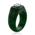 D'Joy - Moissanite & Dyed Green Jade Solitaire Band Ring in Rhodium Overlay Sterling Silver 28.76 Ct.
