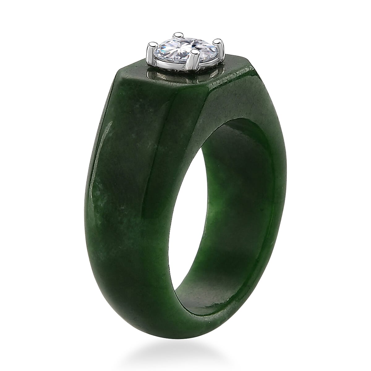 D'Joy - Moissanite &amp; Green Jade Solitaire Band Ring in Rhodium Overlay Sterling Silver 28.76 Ct. V32513317 4