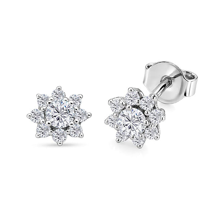 D'Joy - GRA Certified Moissanite D-VVS1 Floral Halo Earring with Push Back in Rhodium Overlay Sterling Silver 0.44 Ct 8503028 1