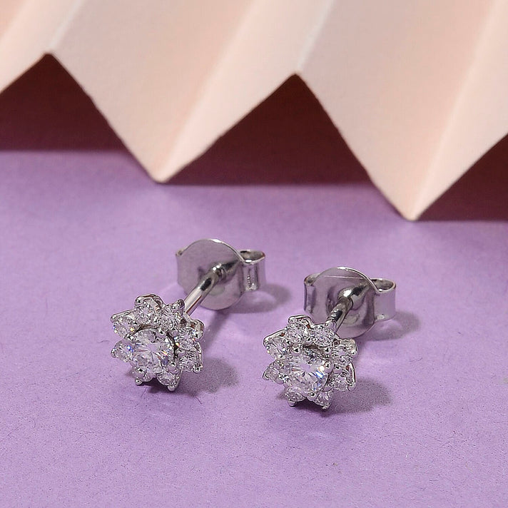 D'Joy - GRA Certified Moissanite D-VVS1 Floral Halo Earring with Push Back in Rhodium Overlay Sterling Silver 0.44 Ct 8503028 2