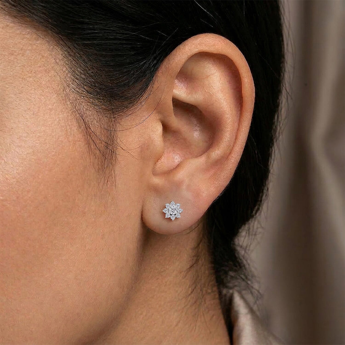 D'Joy - GRA Certified Moissanite D-VVS1 Floral Halo Earring with Push Back in Rhodium Overlay Sterling Silver V32568970 3