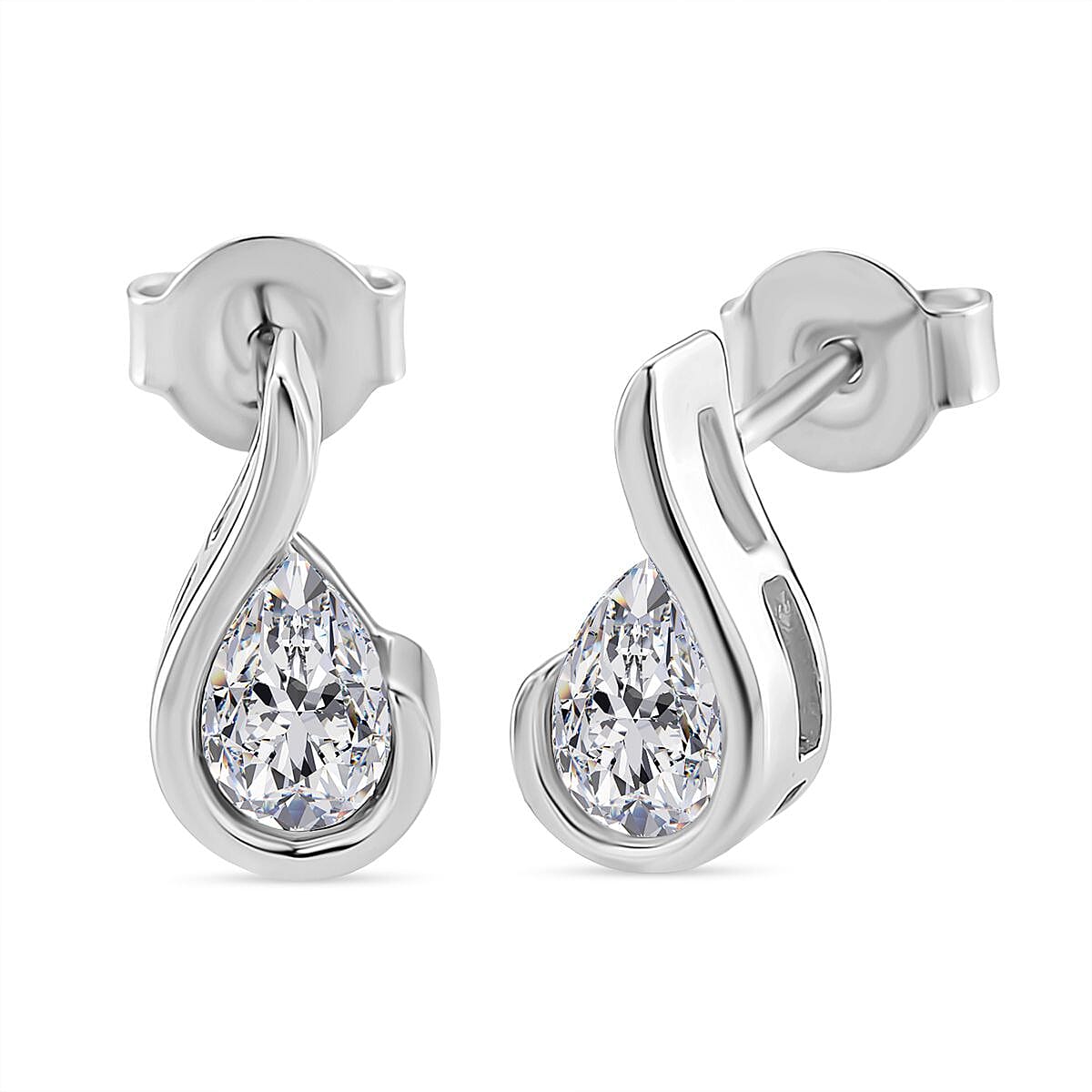 D'Joy - GRA Certified Moissanite D-VVS1 Pear Cut Solitaire Earring with Push Back in Rhodium Overlay Sterling Silver. 8486811 0