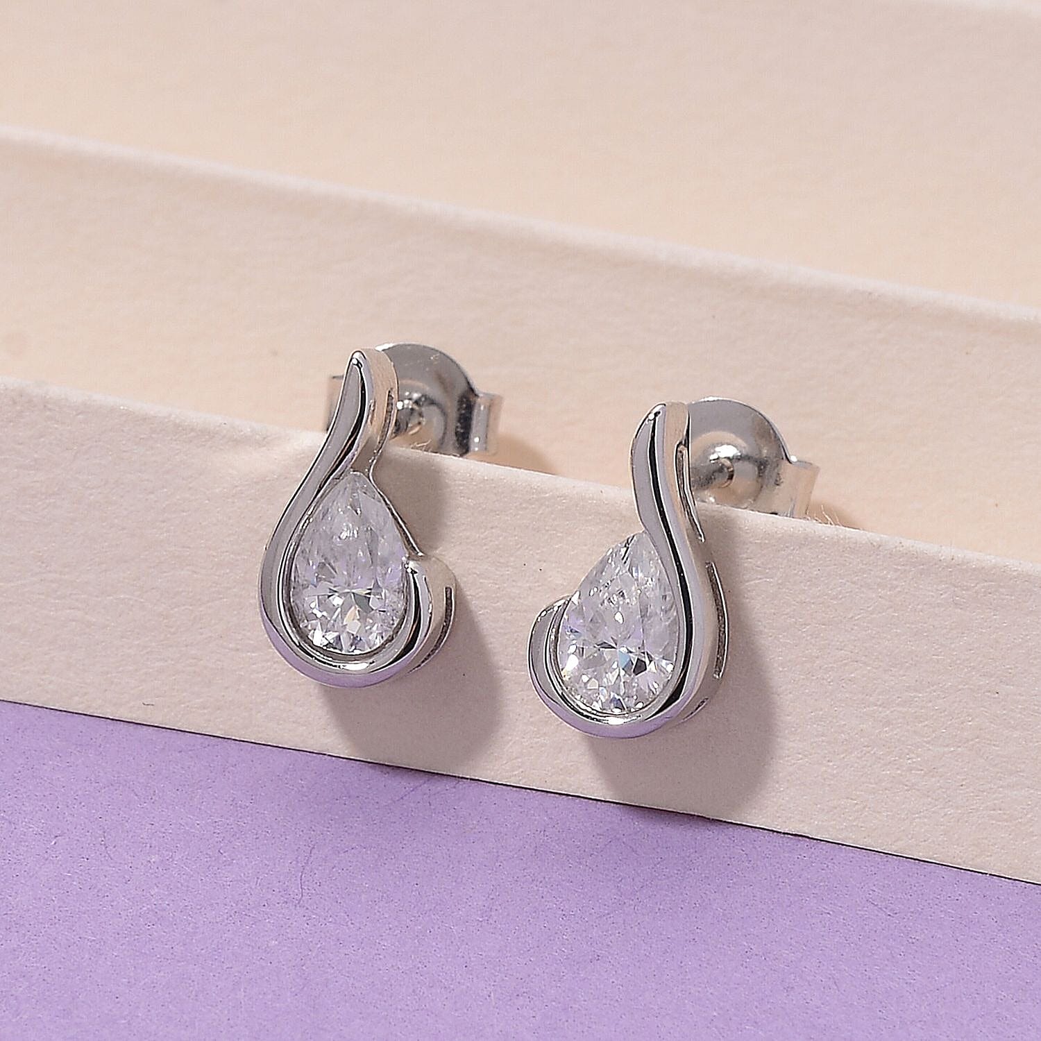 D'Joy - GRA Certified Moissanite D-VVS1 Pear Cut Solitaire Earring with Push Back in Rhodium Overlay Sterling Silver. 8486811 2