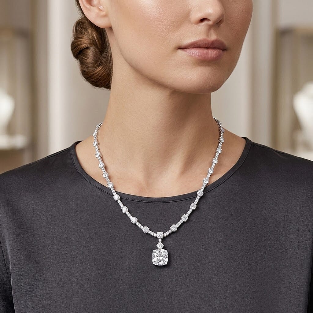 D'Joy - Moissanite Necklace (Size - 18) in Rhodium Overlay Sterling Silver 44.86 Ct, Silver Wt. 28.00 Gms 8561781 2