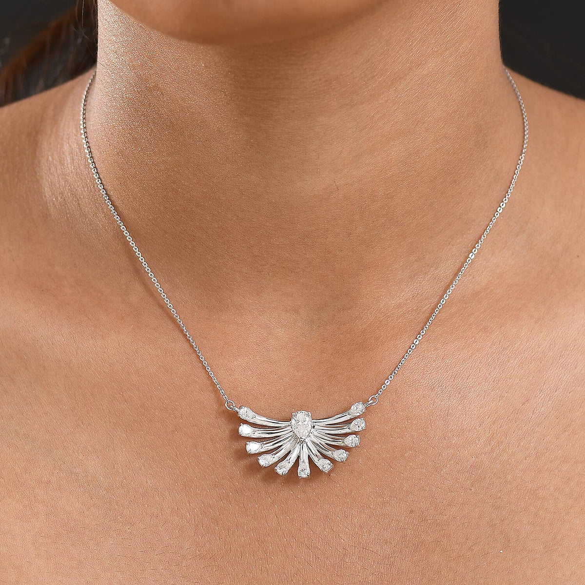 D'Joy Peacock-Inspired Moissanite Feather Pendant Necklace (Size - 20) with Lobster Clasp in Rhodium Overlay Sterling Silver 2.34 Ct. 8253747 3