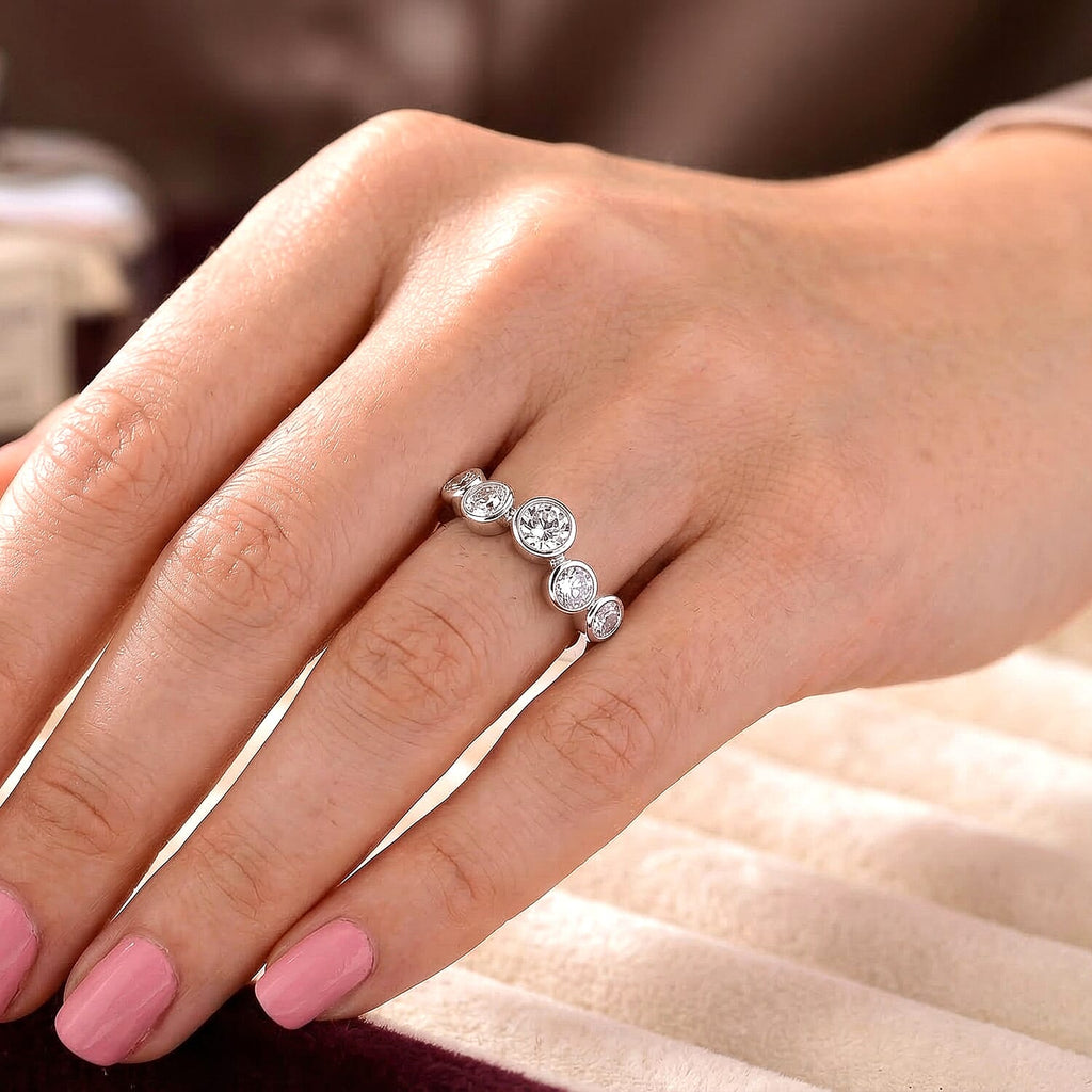 D'Joy - GRA Certified Moissanite 5 Stone Ring in Rhodium Overlay Sterling Silver 1.56 Ct.