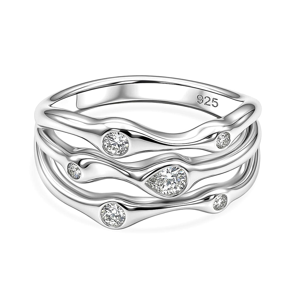 D'Joy GRA Certified Moissanite D-VVS1 Multi-Layer Wave Ring in Rhodium Overlay Sterling Silver