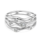 D'Joy GRA Certified Moissanite D-VVS1 Multi-Layer Wave Ring in Rhodium Overlay Sterling Silver