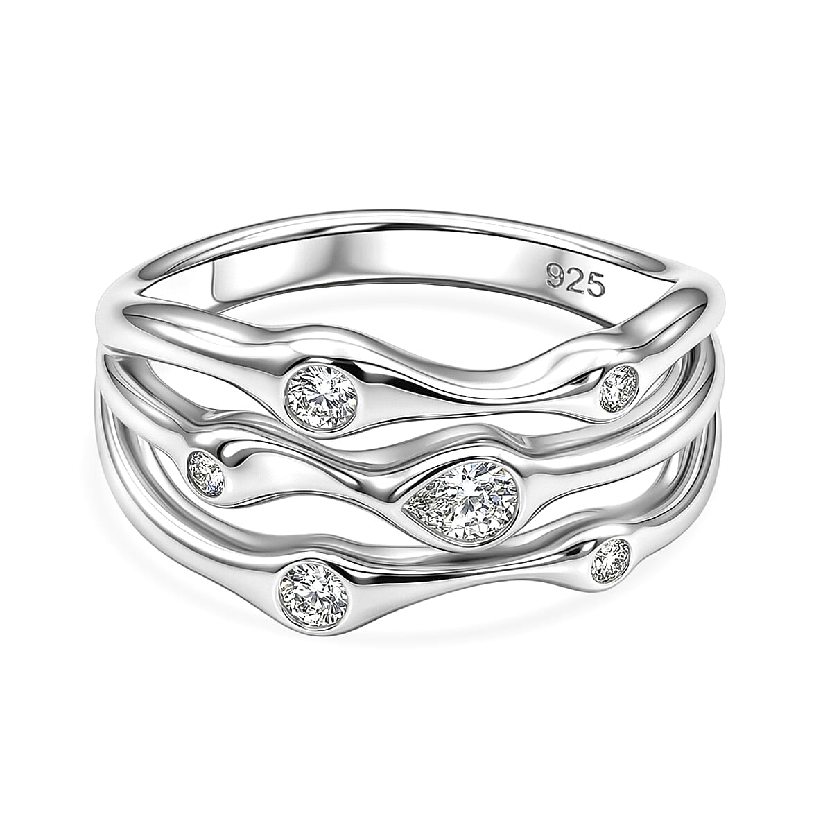 D'Joy GRA Certified Moissanite D-VVS1 Multi-Layer Wave Ring in Rhodium Overlay Sterling Silver 8516609 0