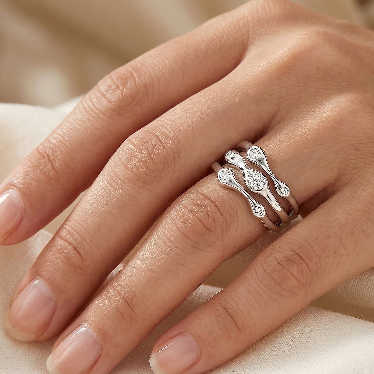 D'Joy GRA Certified Moissanite D-VVS1 Multi-Layer Wave Ring in Rhodium Overlay Sterling Silver 8516609 2
