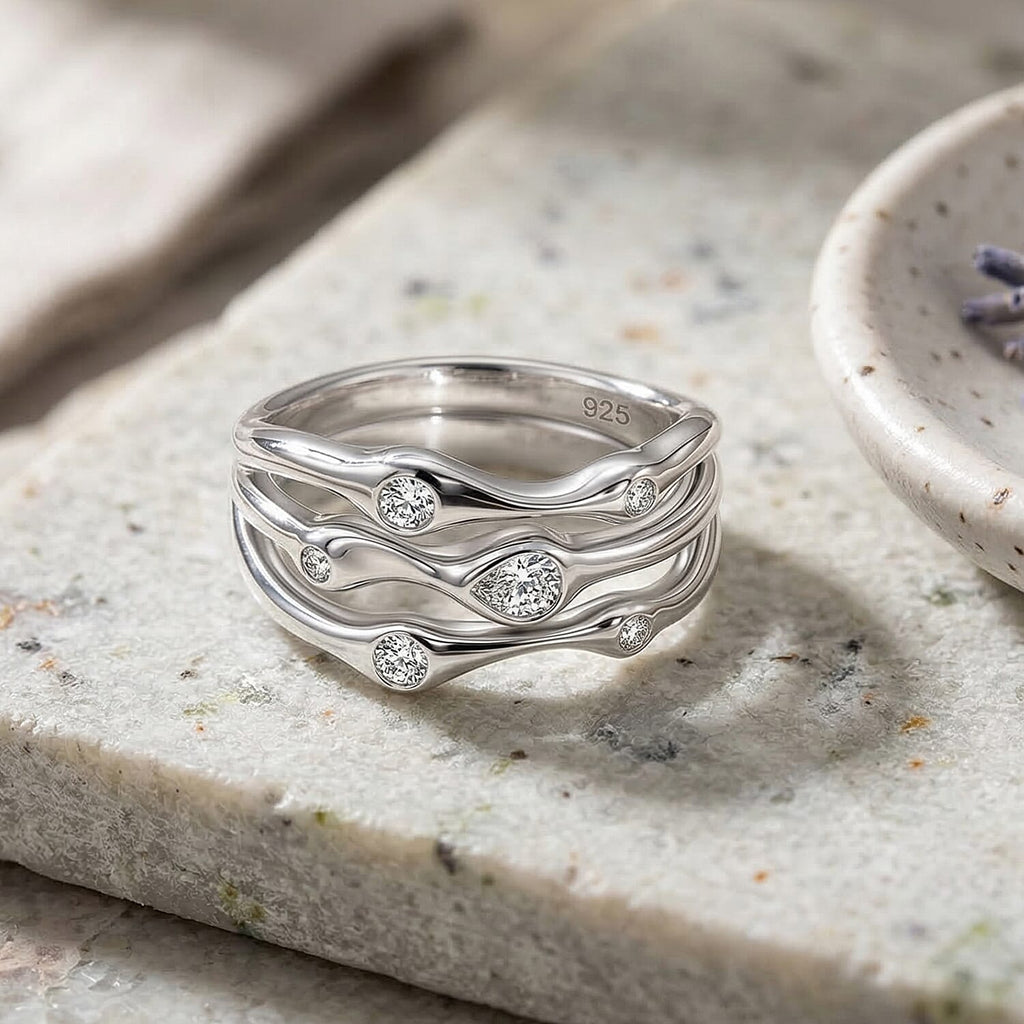 D'Joy GRA Certified Moissanite D-VVS1 Multi-Layer Wave Ring in Rhodium Overlay Sterling Silver