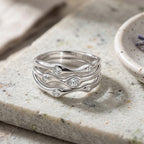 D'Joy GRA Certified Moissanite D-VVS1 Multi-Layer Wave Ring in Rhodium Overlay Sterling Silver