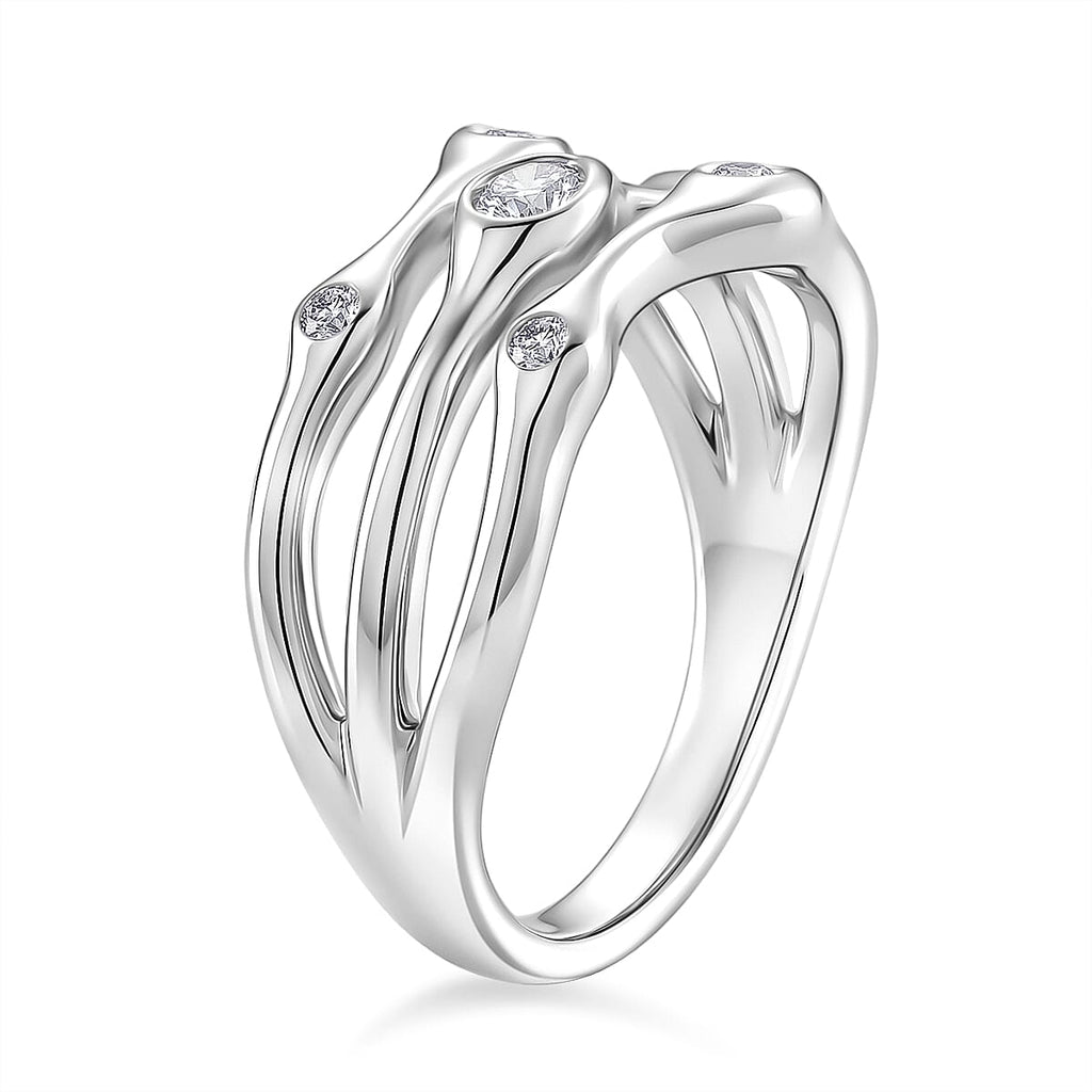 D'Joy GRA Certified Moissanite D-VVS1 Multi-Layer Wave Ring in Rhodium Overlay Sterling Silver