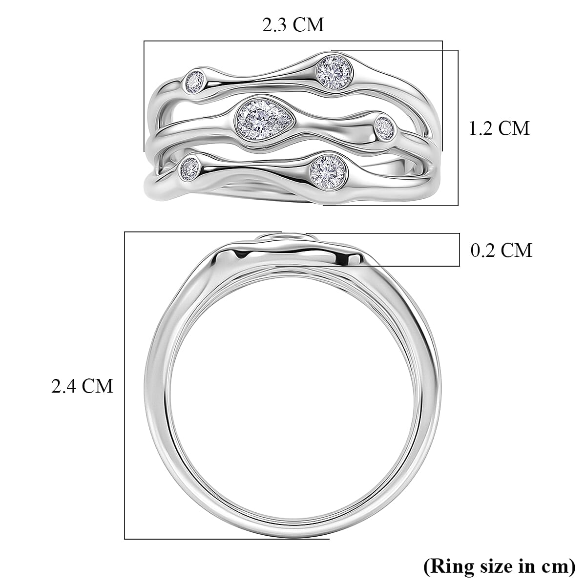 D'Joy GRA Certified Moissanite D-VVS1 Multi-Layer Wave Ring in Rhodium Overlay Sterling Silver 8516609 6