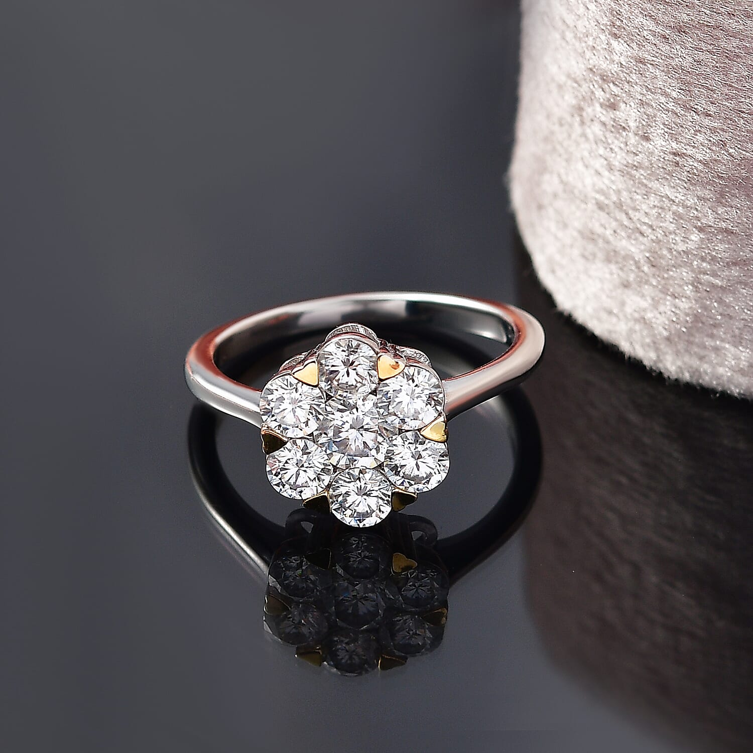 D'Joy Moissanite Floral Ring in Yellow Gold Plated and Platinum Overlay Sterling Silver 1.28 Ct. 8421642 2