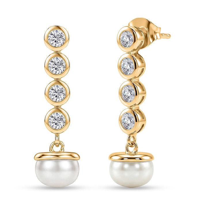 D'Joy - Moissanite &amp; Fresh Water Pearl Dangling Earring with Push Back in Yellow Gold Plated Sterling Silver 5.60 Ct. 8562416 1