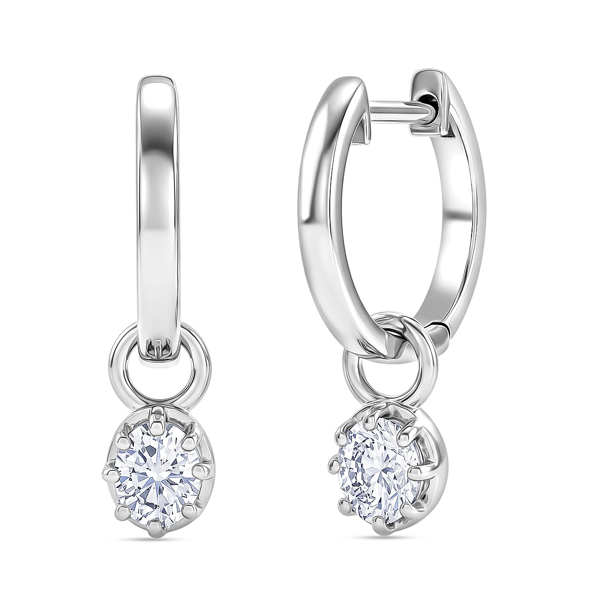 D'Joy - Moissanite Solitaire Full Hoop Earring in Platinum Overlay Sterling Silver 8571945 0