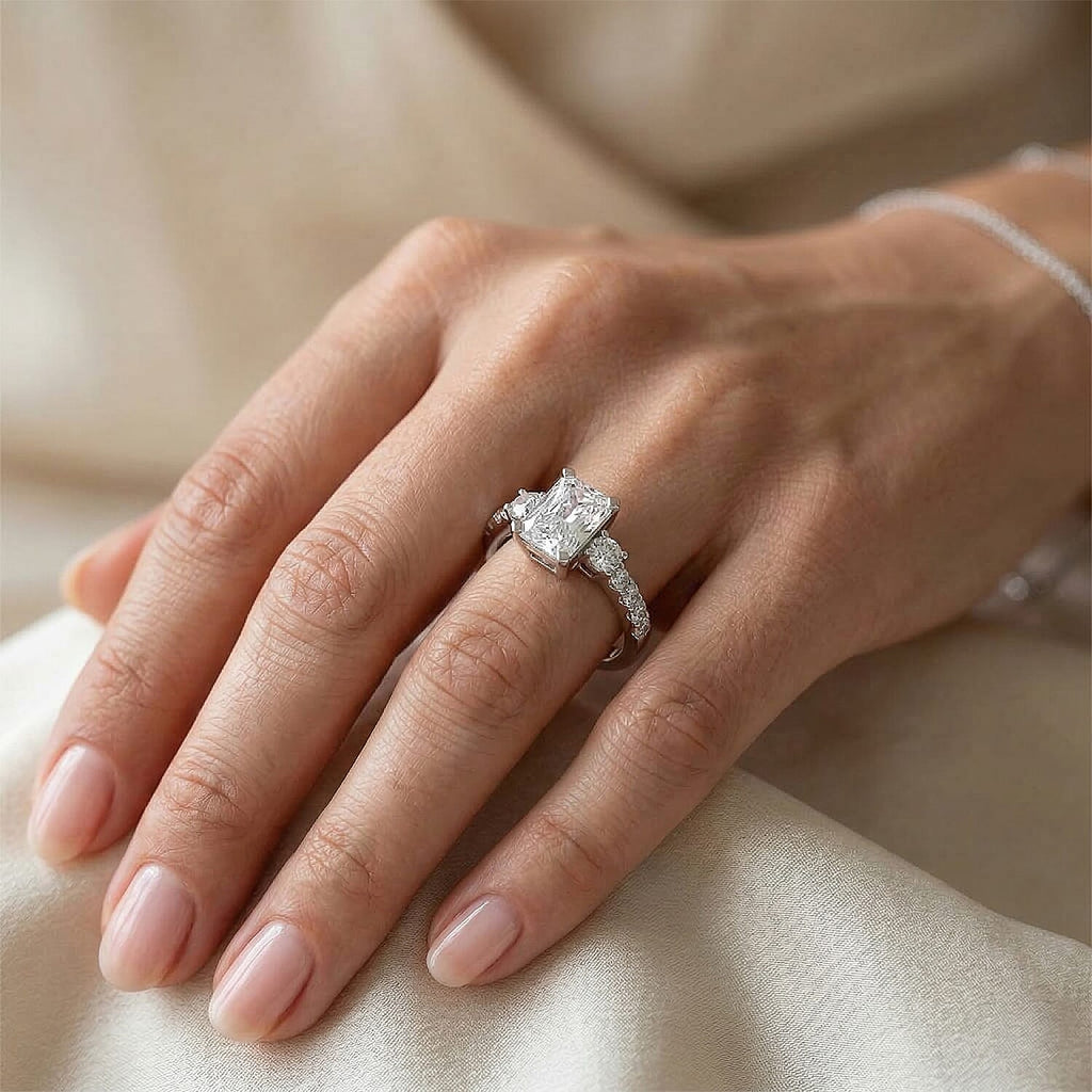 D'Joy - Moissanite GRA Certified Trilogy Ring in Rhodium Overlay Sterling Silver 2.10 Ct.