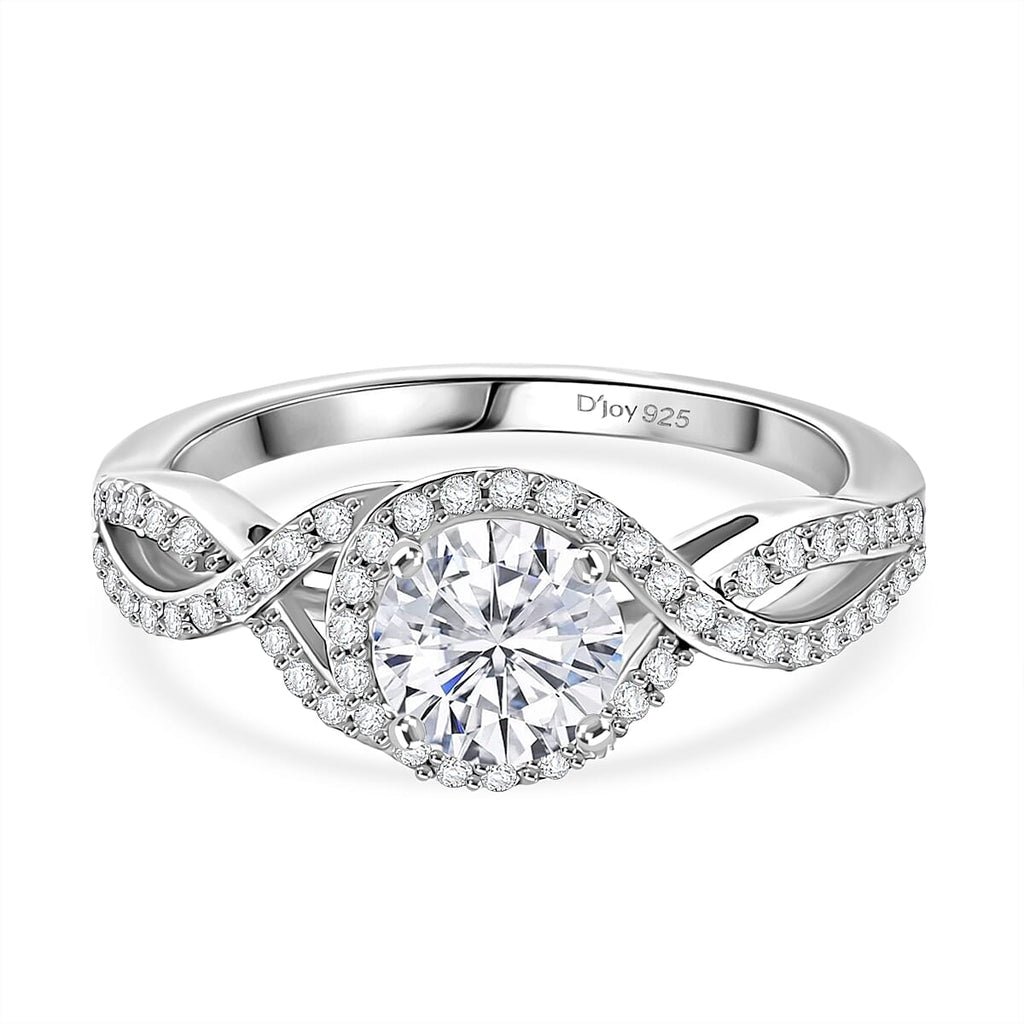 D'Joy Moissanite Halo Ring in Rhodium Overlay Sterling Silver 1.17 Ct.