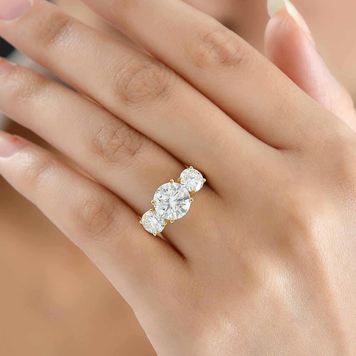 D'joy 4.3 Ct. Moissanite Trilogy Ring in 18K Yellow Gold Over Sterling Silver 8351948 3