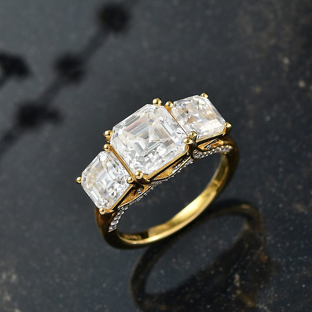 D'Joy Moissanite Trilogy Ring in 18K Vermeil Yellow Gold Plated Sterling Silver 5.30 Ct.