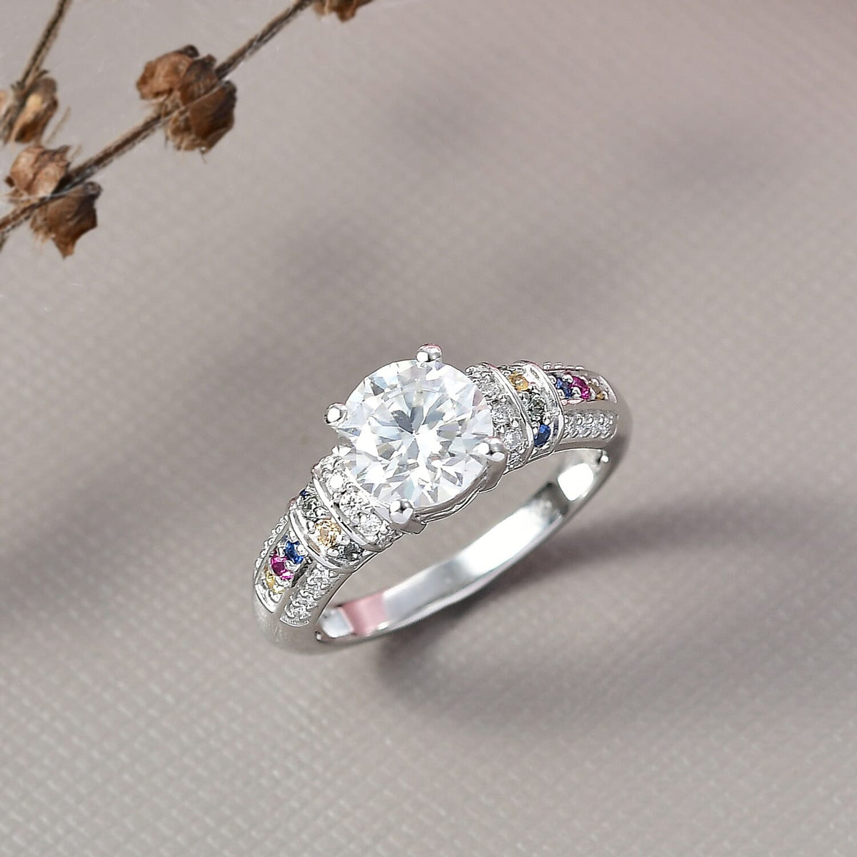 D'Joy Moissanite &amp; Multi Sapphire Ring in Rhodium Overlay Sterling Silver 1.79 Ct. 8270006 2
