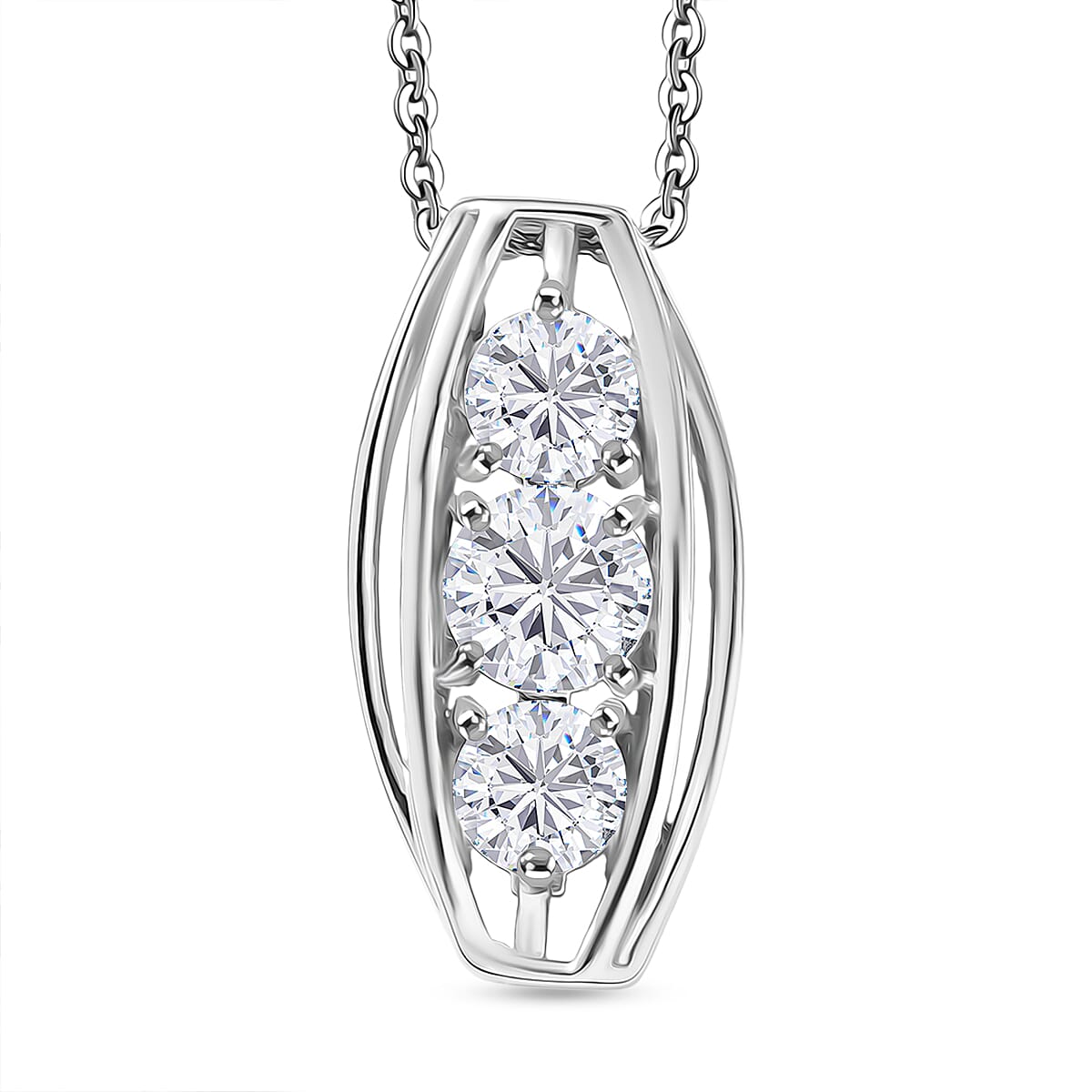 D'Joy Moissanite Vertical Three Stone Pendant with Chain (Size 20) in Platinum Overlay Sterling Silver 1.47 Ct. 4449509 0