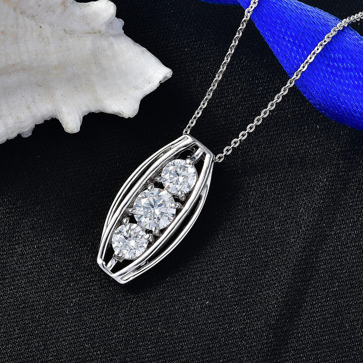 D'Joy Moissanite Vertical Three Stone Pendant with Chain (Size 20) in Platinum Overlay Sterling Silver 1.47 Ct. 4449509 2