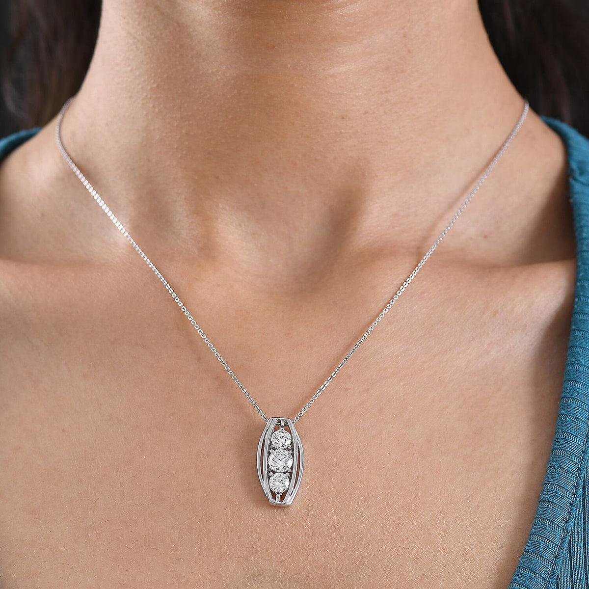 D'Joy Moissanite Vertical Three Stone Pendant with Chain (Size 20) in Platinum Overlay Sterling Silver 1.47 Ct. 4449509 3