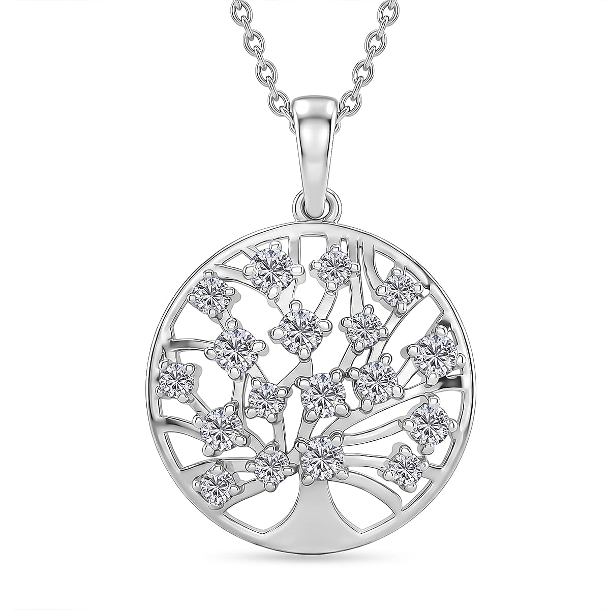 D'Joy - Moissanite Tree of Life Pendant with Chain (Size 20) in Platinum Overlay Sterling Silver 4471598 0