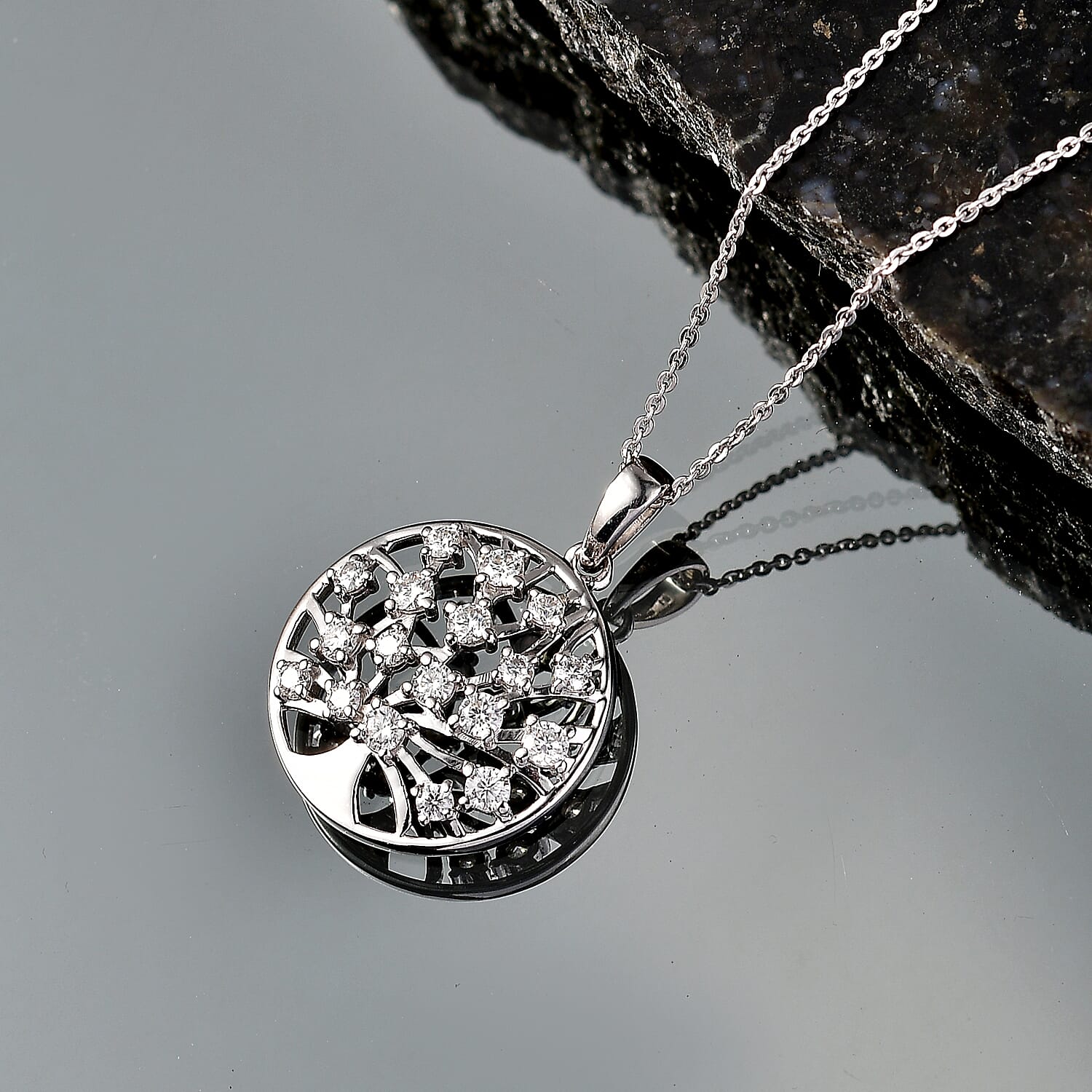 D'Joy - Moissanite Tree of Life Pendant with Chain (Size 20) in Platinum Overlay Sterling Silver 4471598 3