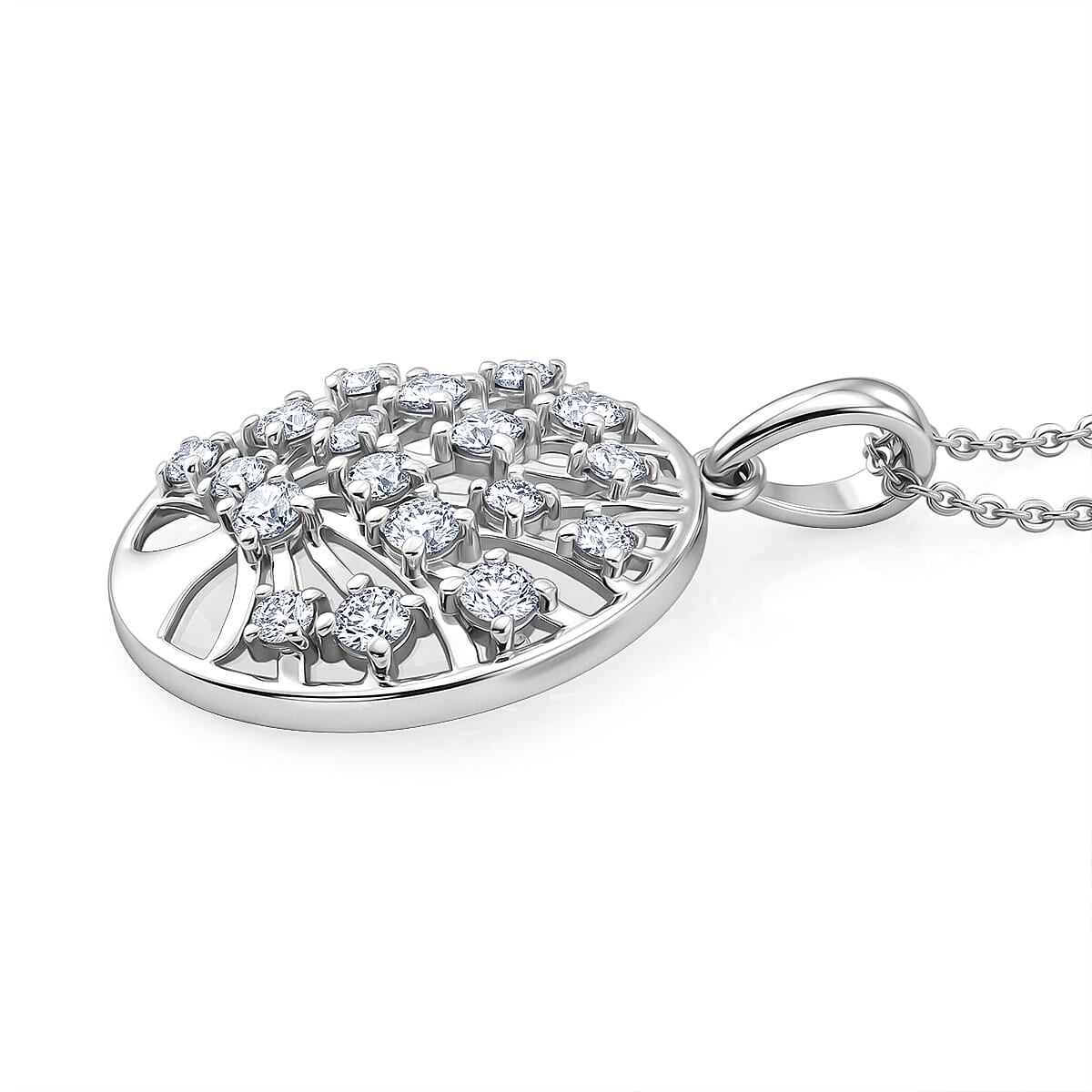 D'Joy - Moissanite Tree of Life Pendant with Chain (Size 20) in Platinum Overlay Sterling Silver 4471598 4