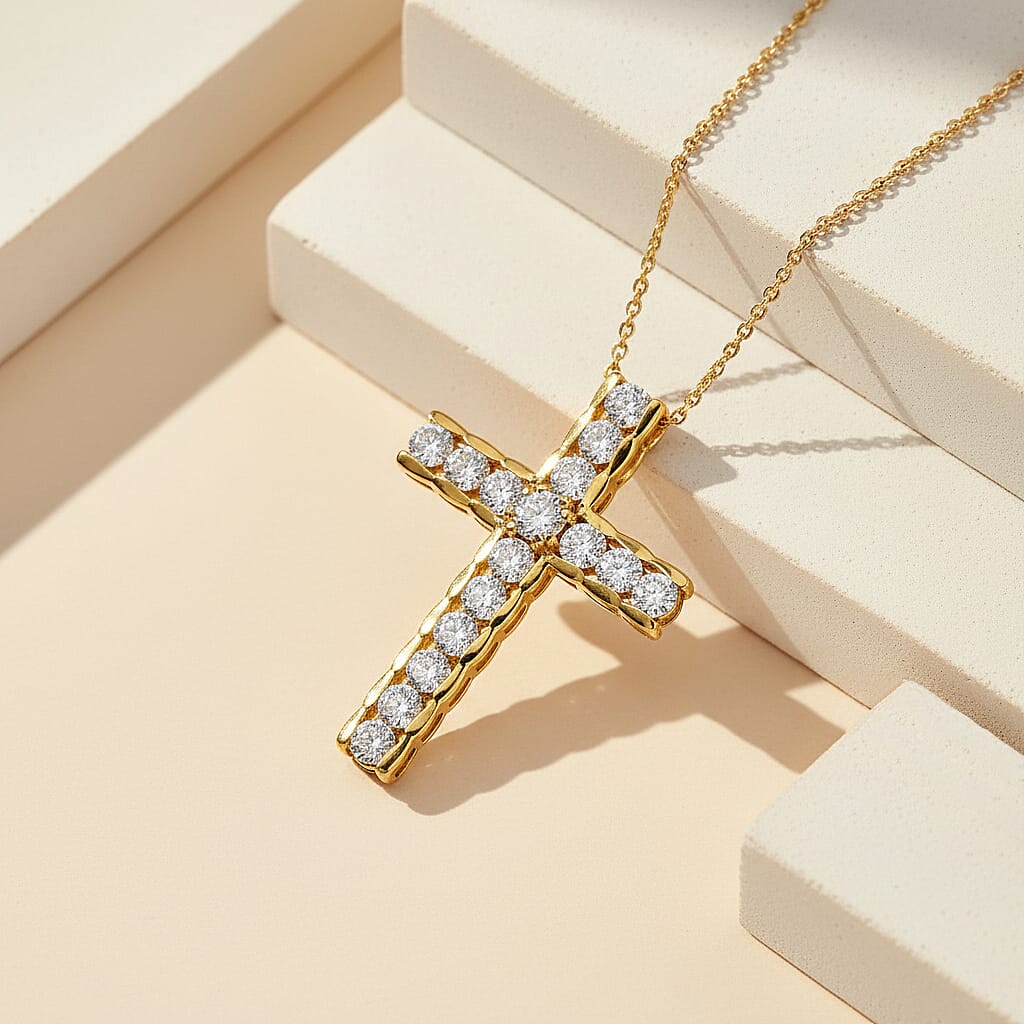 D'Joy Moissanite Cross Pendant with Chain (Size 20) in Yellow Gold Plated Sterling Silver 1.66 Ct. 4449904 2