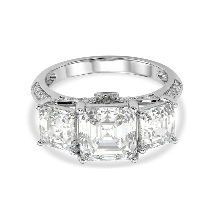 D'Joy - Royal Asscher Cut Moissanite Trilogy Ring in Rhodium Overlay Sterling Silver 5.52 Ct. 8350898 1