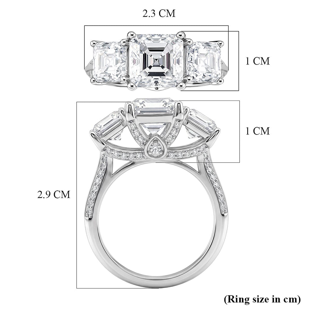 D'Joy Royal Asscher Cut Moissanite Trilogy Ring in Rhodium Overlay Sterling Silver 5.52 Ct.