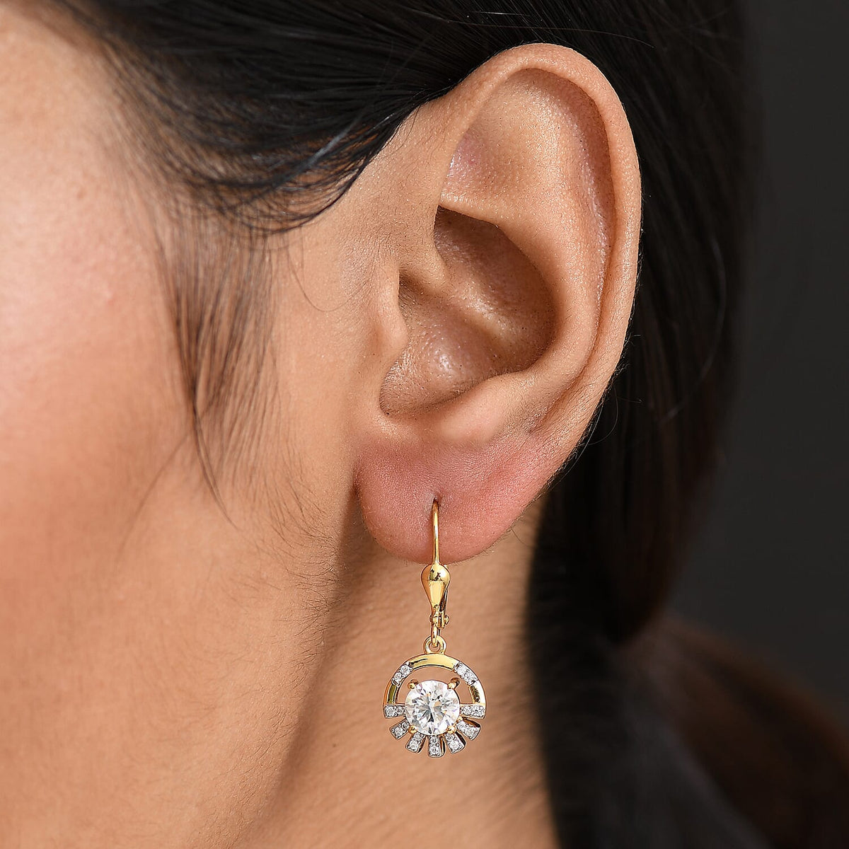 D'Joy Moissanite Sunburst Lever Back Earring in Yellow Gold Plated Sterling Silver 1.71 Ct. 8250665 3