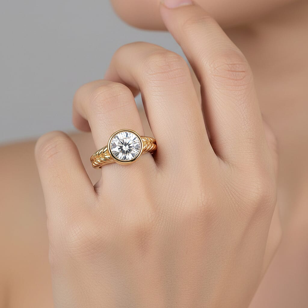 D'Joy Moissanite Solitaire Ring in Yellow Gold Plated Sterling Silver 2.00 Ct.