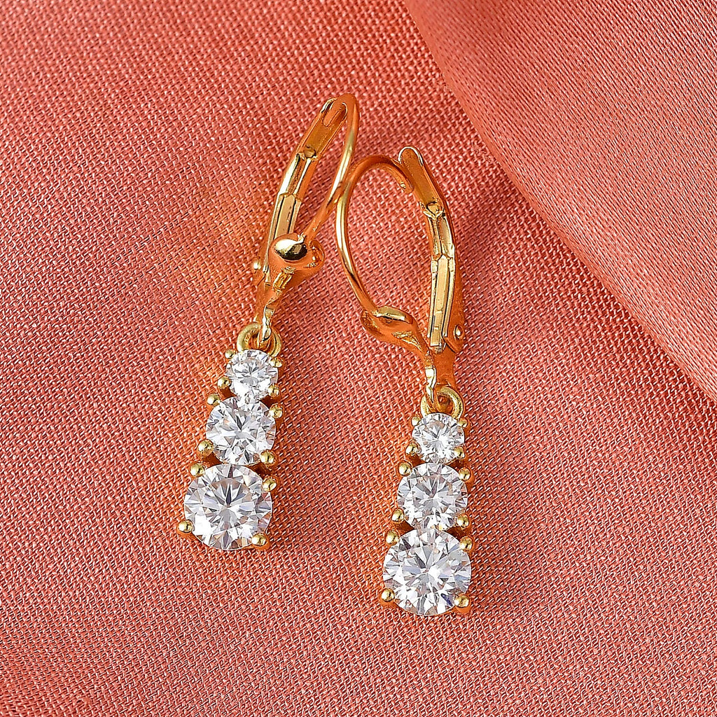 D'Joy Moissanite Trilogy Earrings with Lever Back in Yellow Gold Plated Sterling Silver 1.64 Ct.