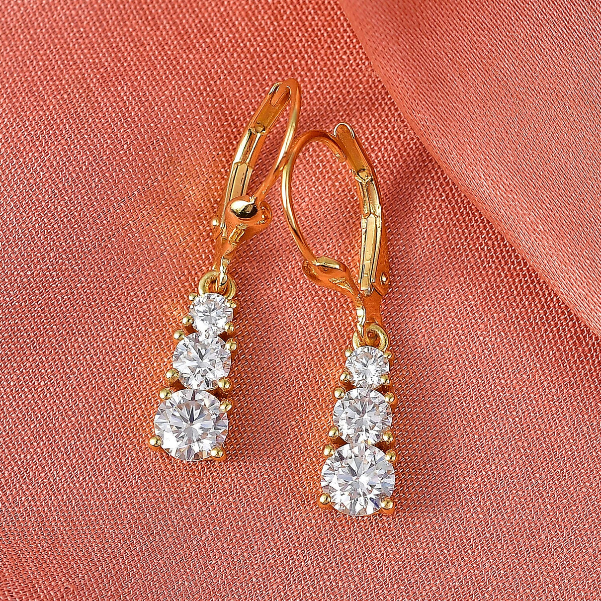 D'Joy Moissanite Graduated Drop Earring with Lever Back in Yellow Gold Plated Sterling Silver 1.64 Ct. 8418449 2