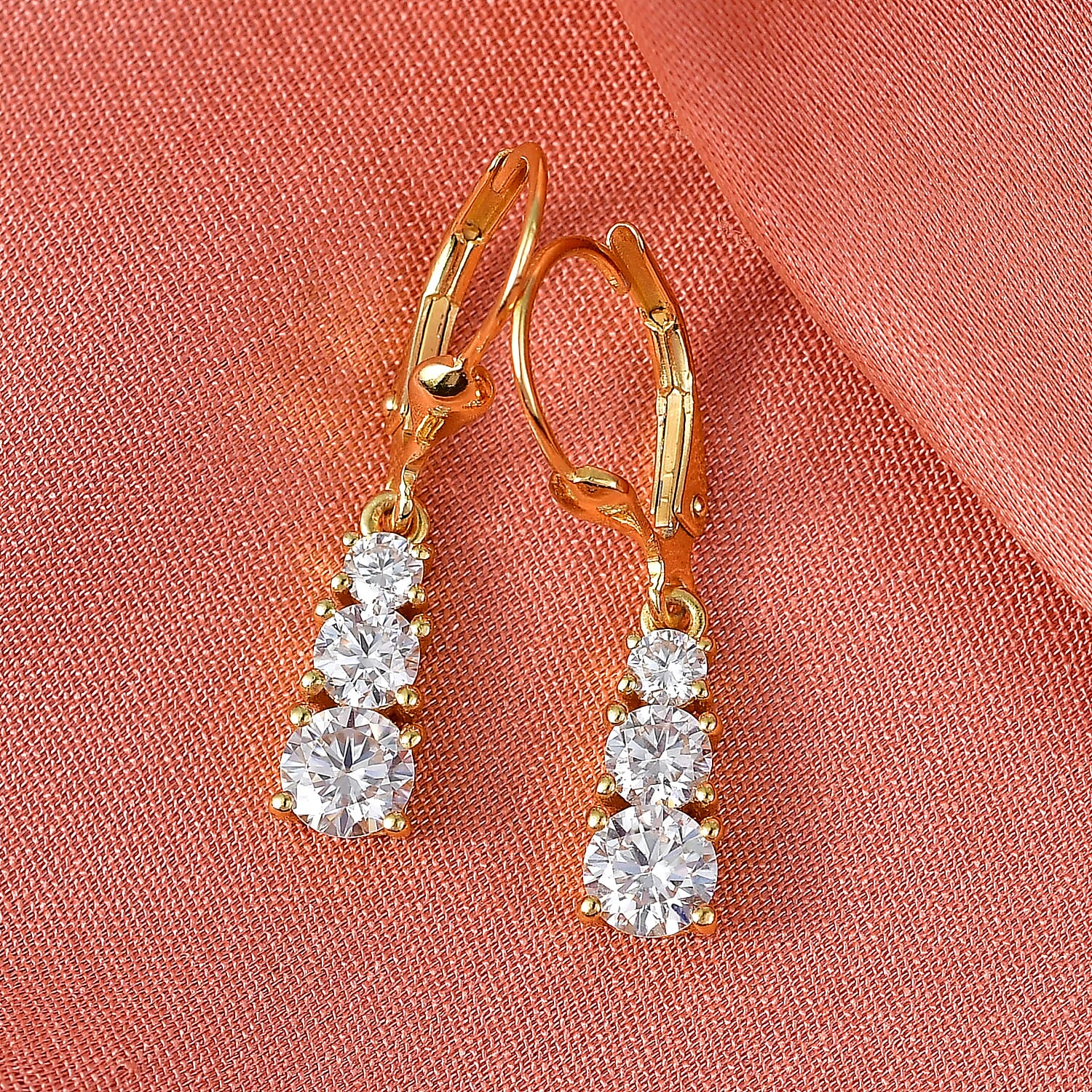D'Joy Moissanite Graduated Drop Earring with Lever Back in Yellow Gold Plated Sterling Silver 1.64 Ct. 8418449 2