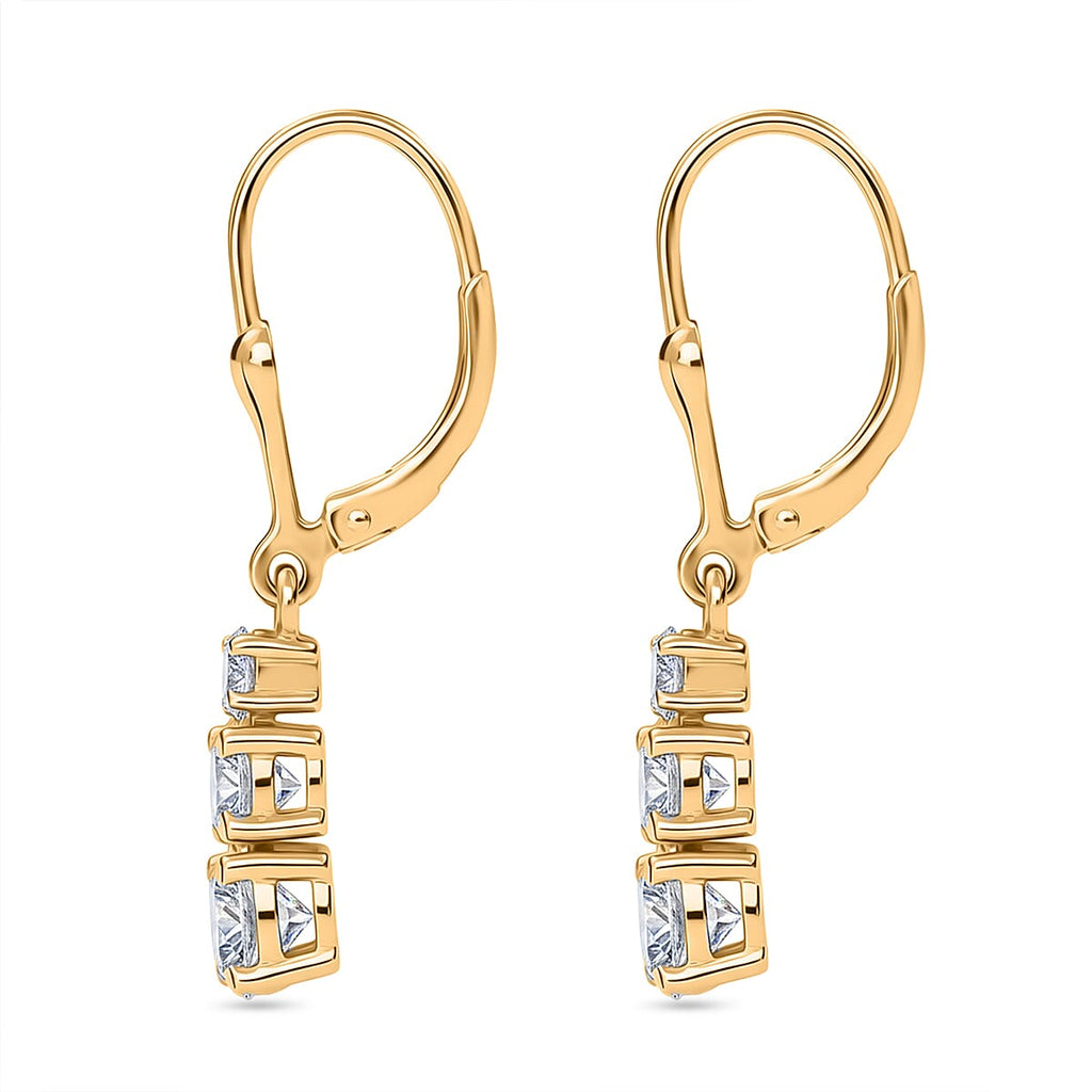 D'Joy Moissanite Trilogy Earrings with Lever Back in Yellow Gold Plated Sterling Silver 1.64 Ct.