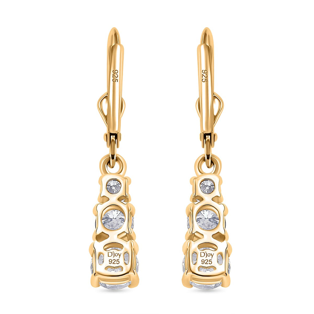 D'Joy Moissanite Trilogy Earrings with Lever Back in Yellow Gold Plated Sterling Silver 1.64 Ct.