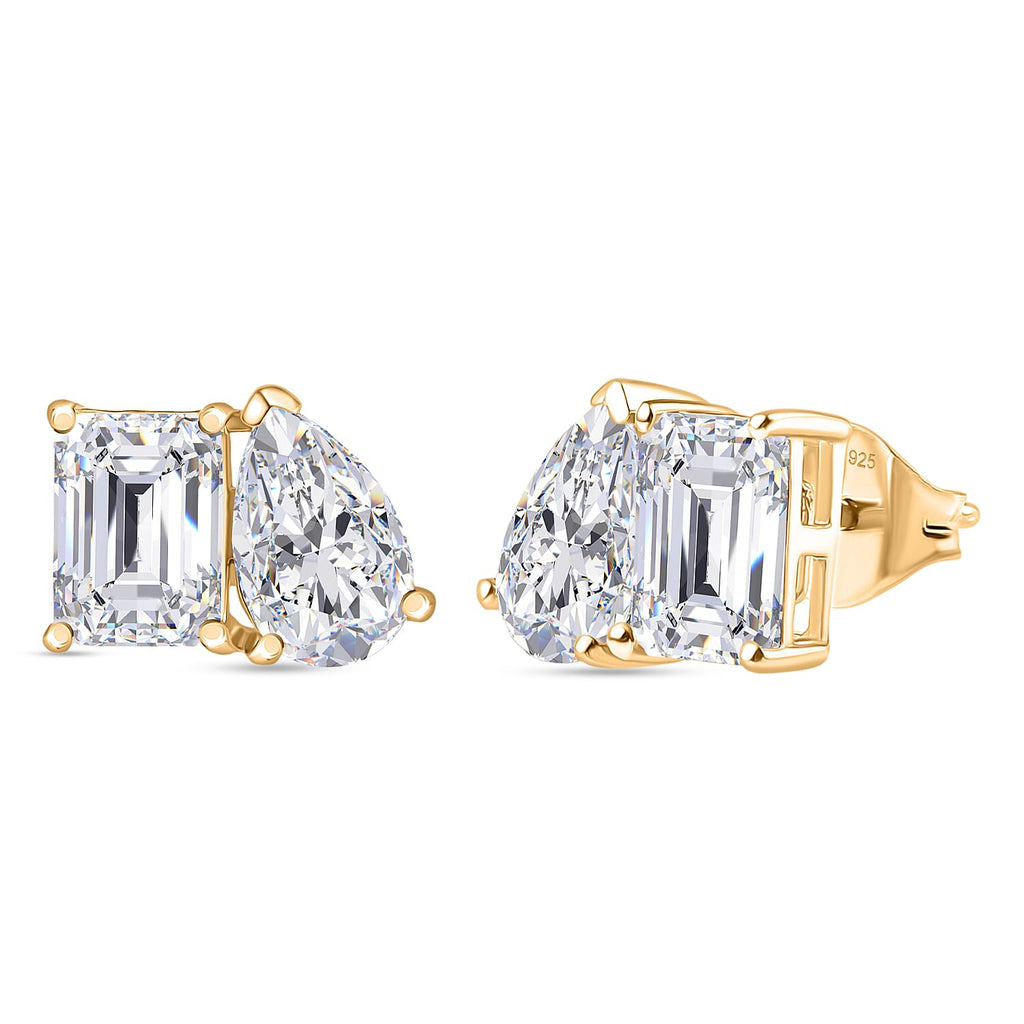 DESIGNER INSPIRED - TOI et MOI Inspired  D'Joy Moissanite Solitaire Stud Push Post Earring in Yellow Gold Plated Sterling Silver 3.71 Ct.