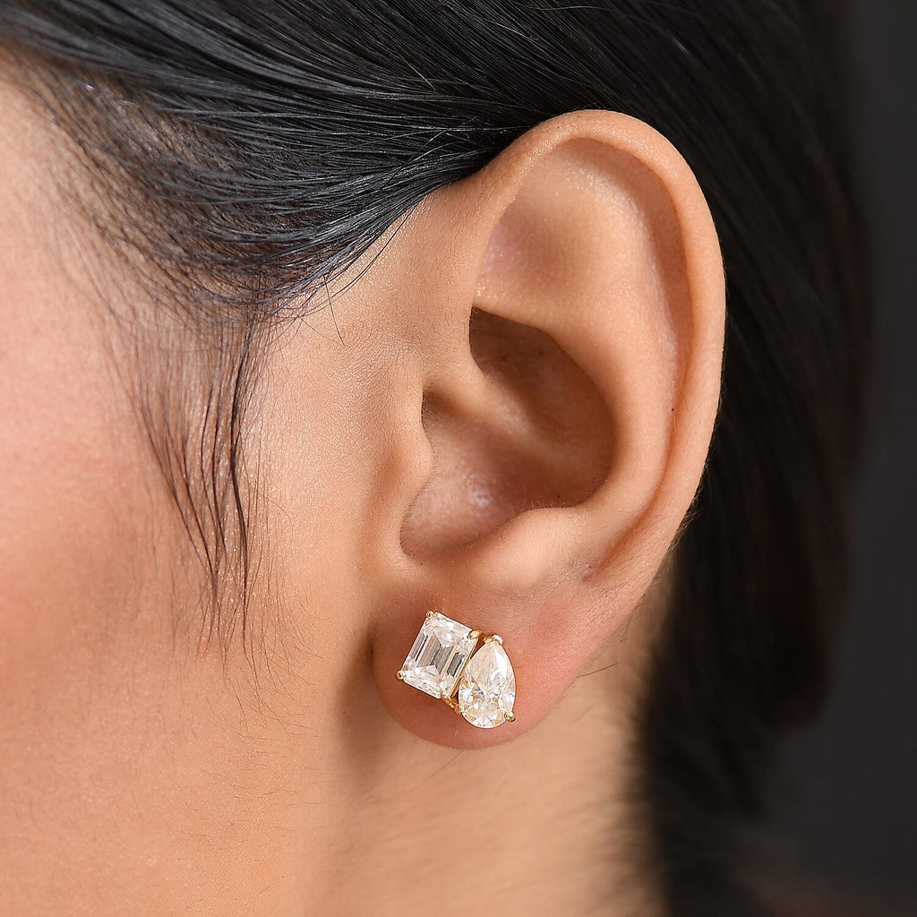 DESIGNER INSPIRED - TOI et MOI Inspired  D'Joy Moissanite Solitaire Stud Push Post Earring in Yellow Gold Plated Sterling Silver 3.71 Ct.