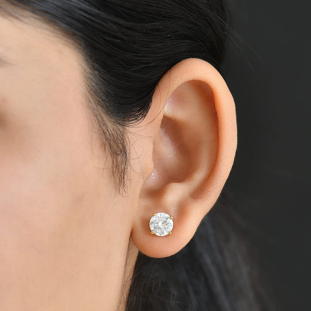 Moissanite Solitaire Stud Push Post Earring in 18K Vermeil Yellow Gold Plated Sterling Silver 2.88 Ct.