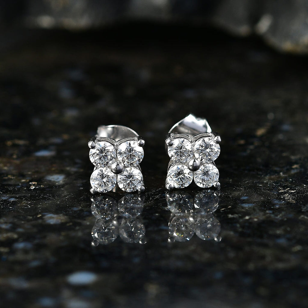 D'Joy - Moissanite Floral Push Post Earring in Platinum Overlay Sterling Silver