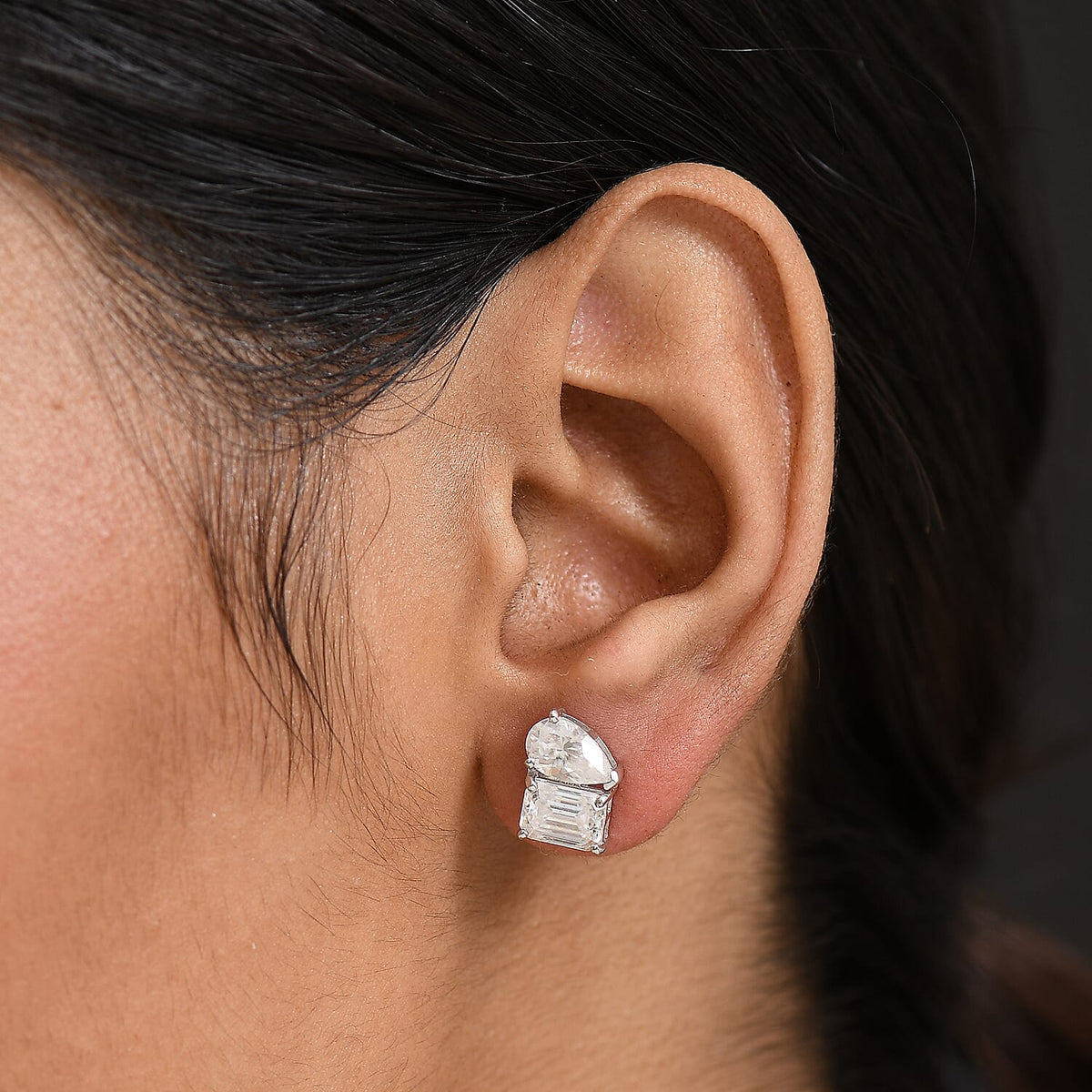 D'Joy TOI ET MOI Moissanite Solitaire Stud Push Post Earring in Rhodium Overlay Sterling Silver 3.66 Ct. 8250653 3